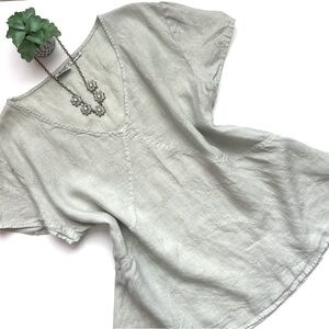CP Shades Irish Linen Short Sleeve Top Blouse V-Neck Light Green Embroidered L